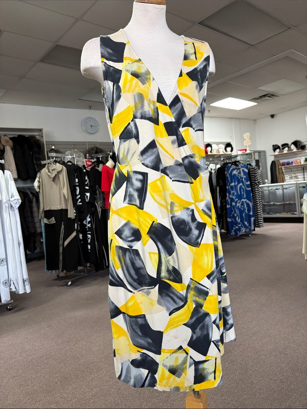 Zara Sleeveless V-Neck Midi Dress in Yellow, Black & White